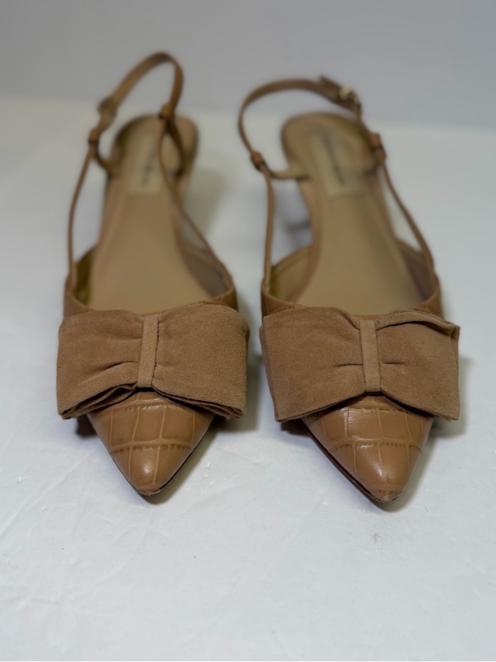ANTONIO MELANI Cognac Croc-Embossed Pointed Slingback kitten heel with Bow SZ 8